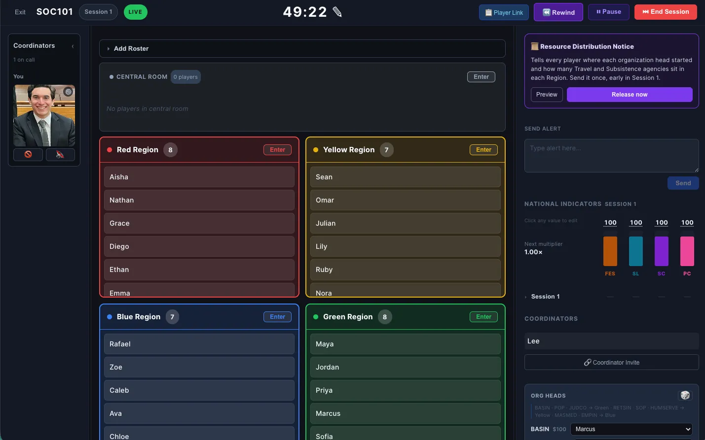 The SIMSOC coordinator dashboard, showing every region, live national indicators, and organization heads at a glance