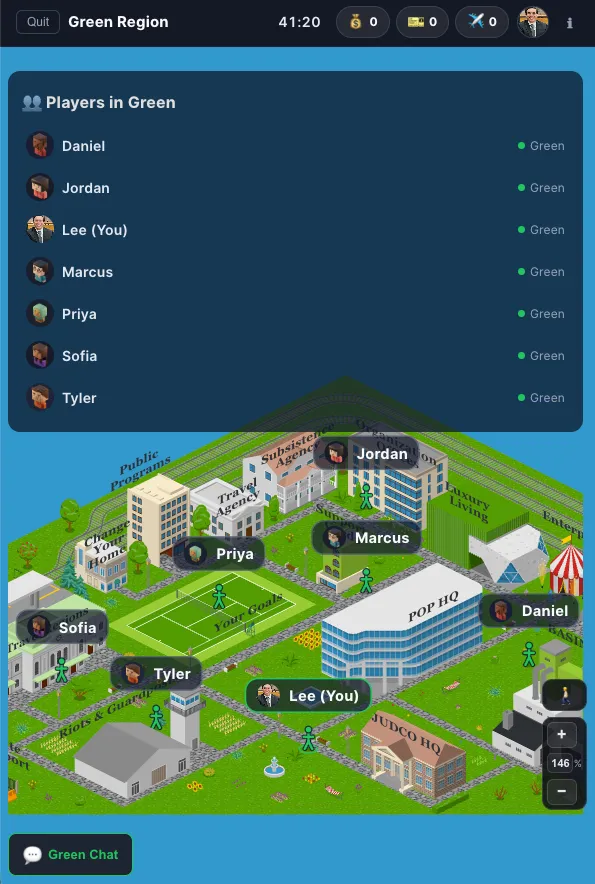 SIMSOC Online's narrow-screen view, showing a scrollable list of players in the Green Region above the isometric map — how a student in an in-person session uses the app on their own phone