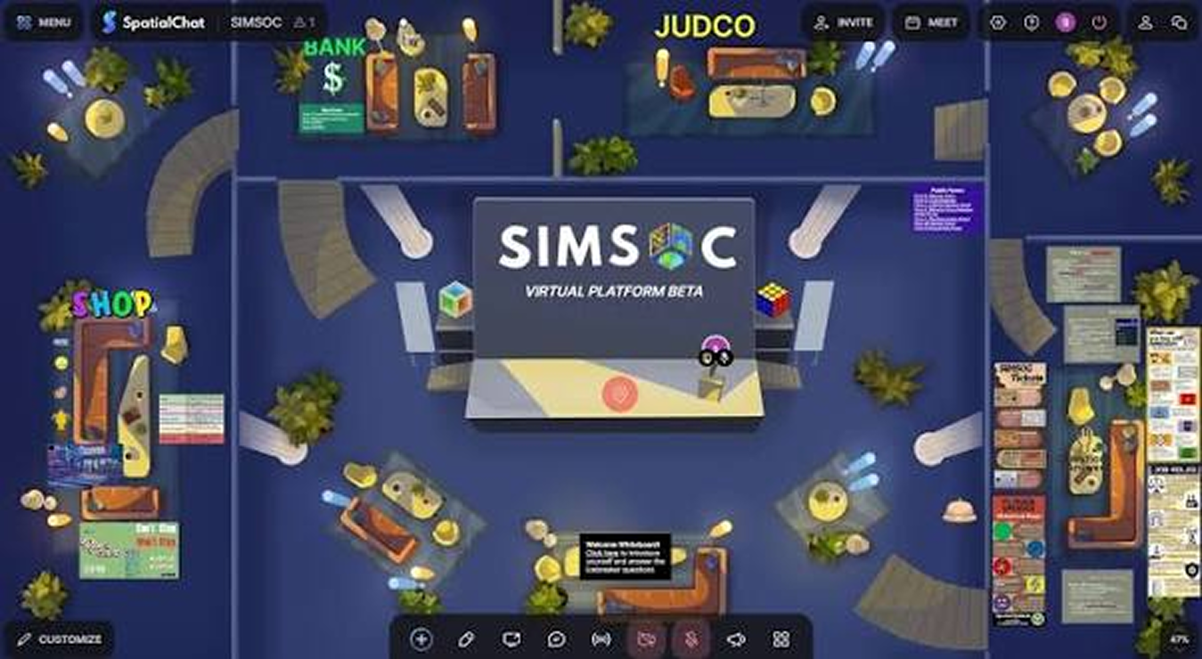 An early SIMSOC trial run inside SpatialChat, a proximity-based video platform, showing rooms for the Bank, JUDCO, and Shop