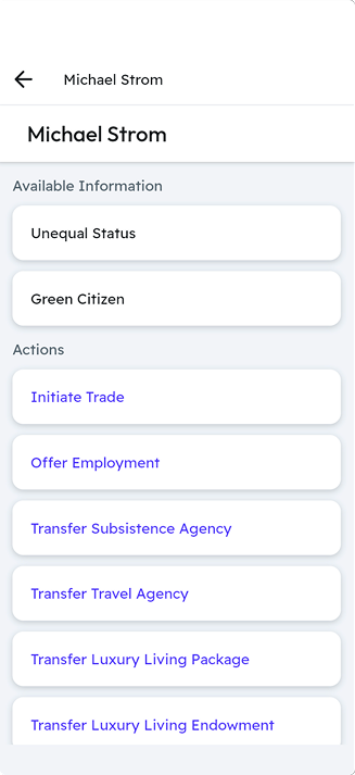 The first SIMSOC app's citizen actions screen, showing trade, employment, and resource transfer options