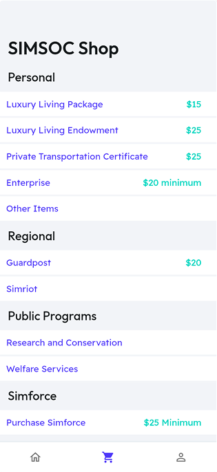 The first SIMSOC app's shop screen, listing personal, regional, and public program purchases