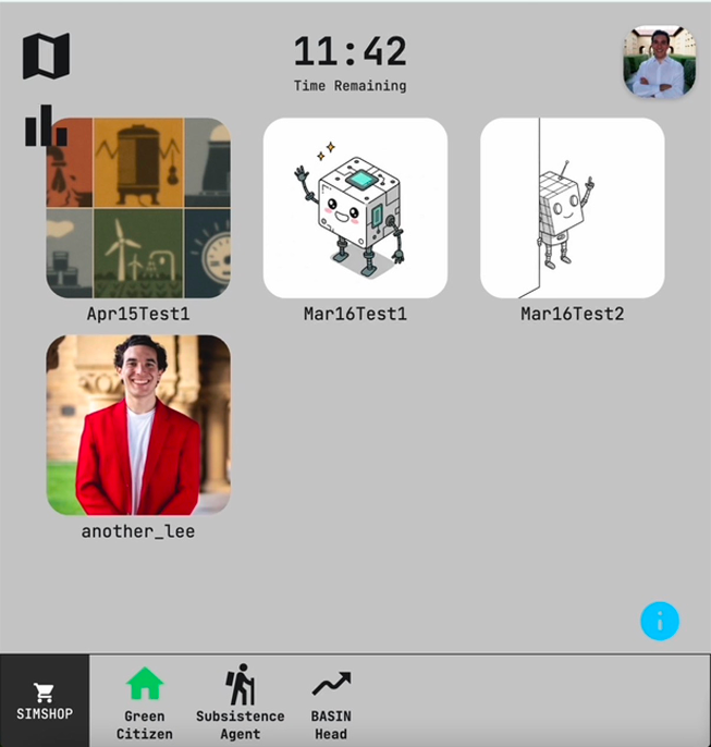 A 2024 build of the SIMSOC app showing a list of named test sessions and a player's role icons