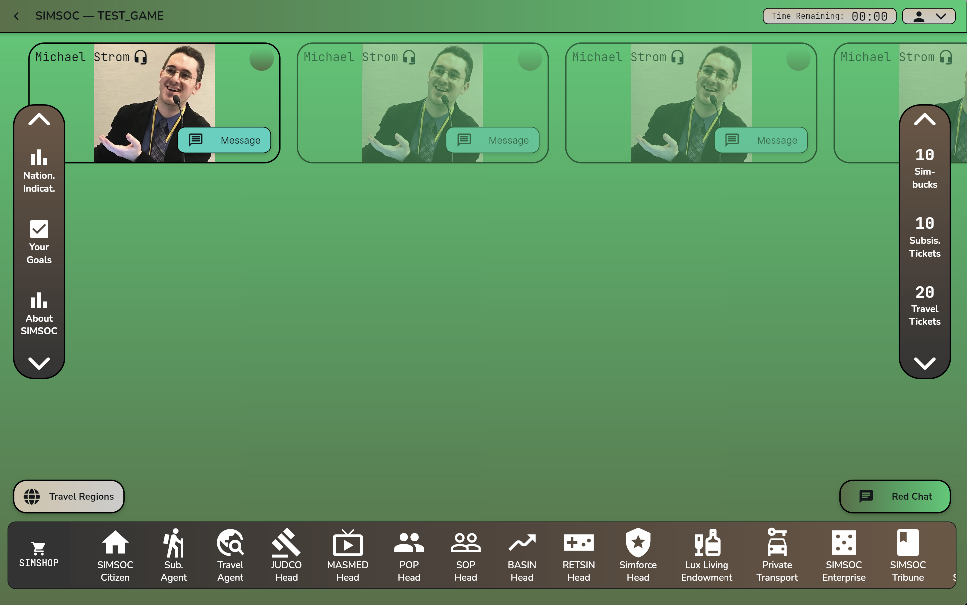 A 2025 build of the SIMSOC app showing a coordinator's game view with video tiles, resource counts, and building role icons