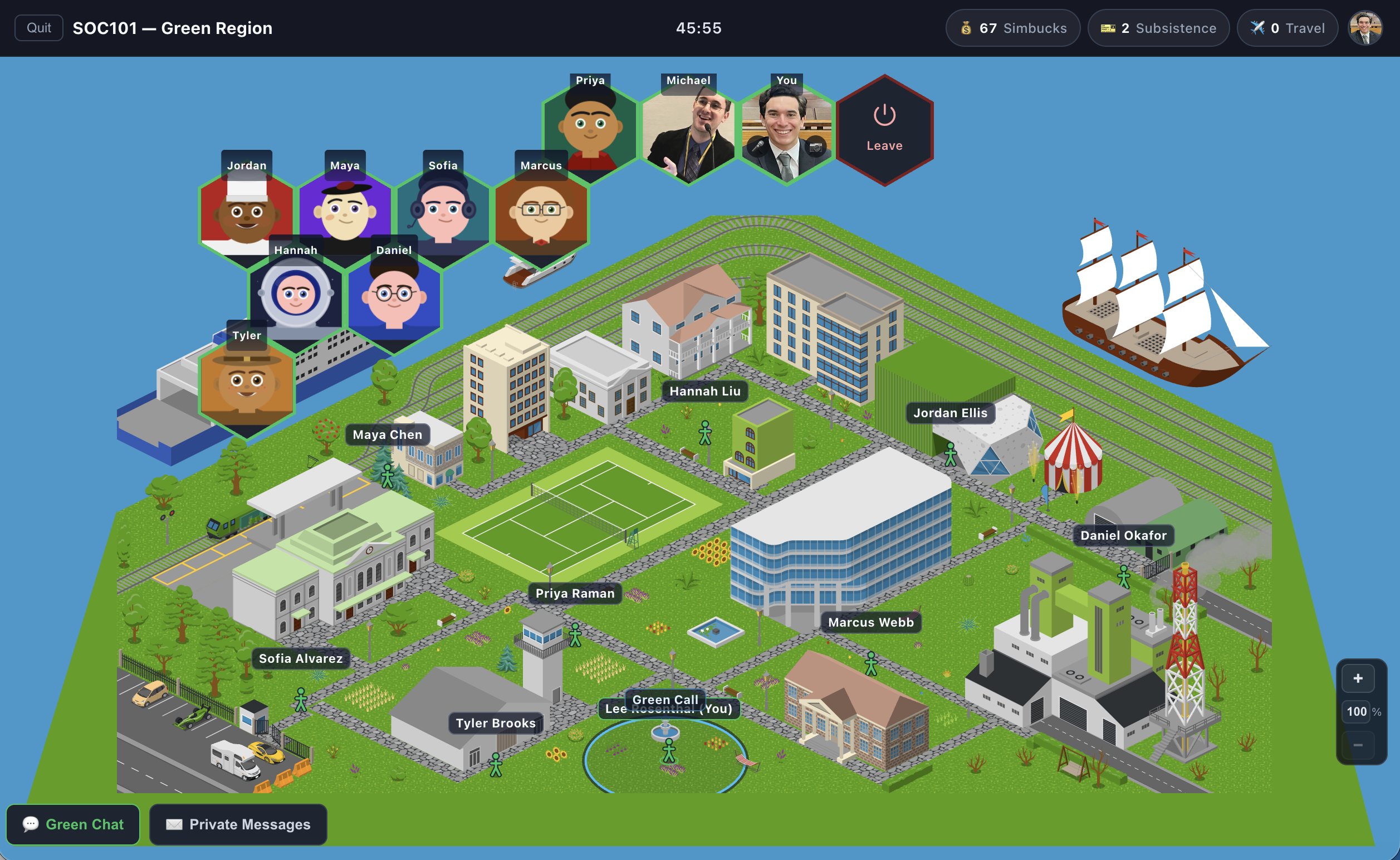 The SIMSOC Game View, showing the isometric world with players spread across the map and a video call in progress